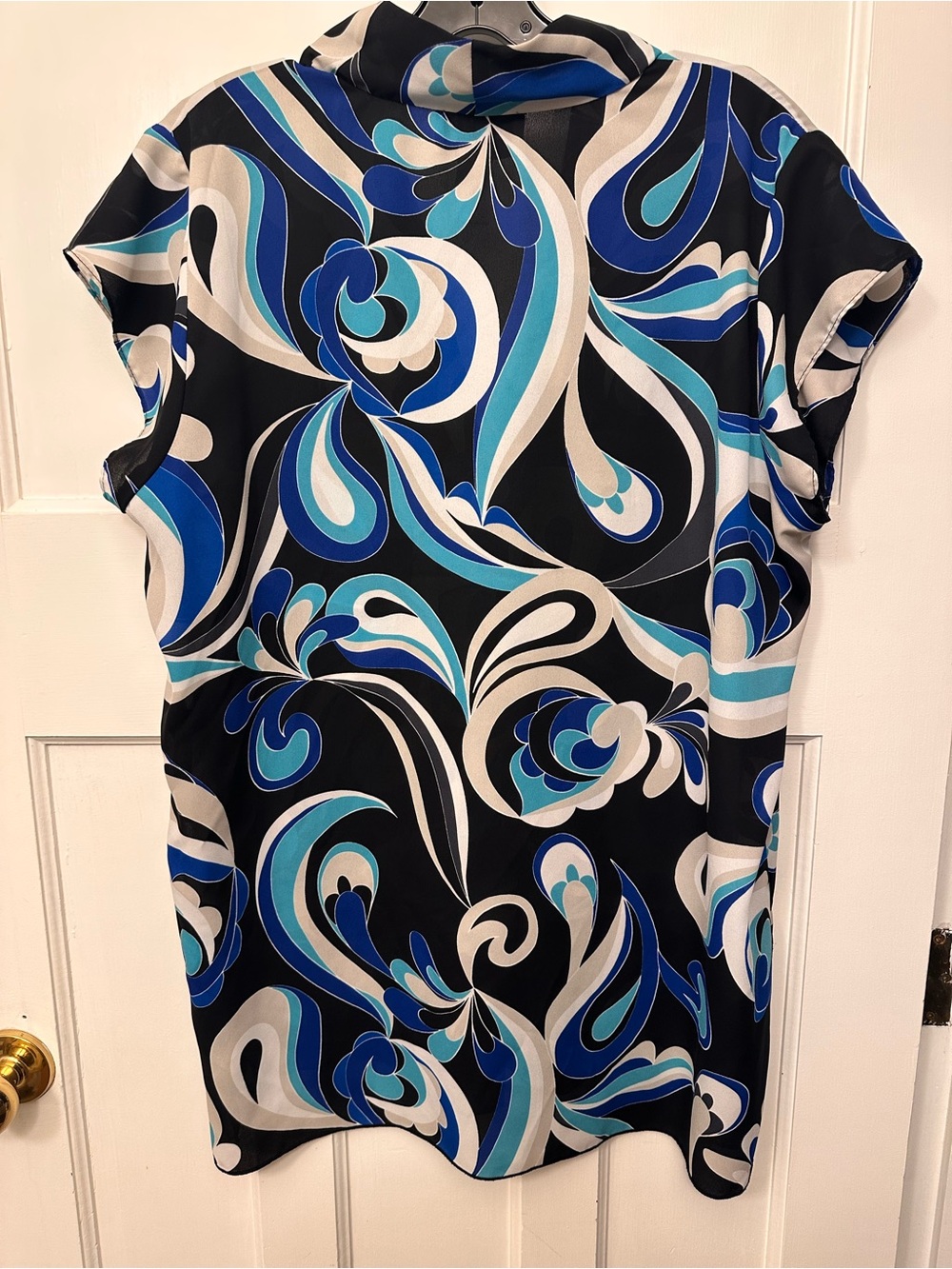 Joseph Ribkoff 16 Black & Blue Print Cap-Sleeve Blouse - Picture 7 of 7